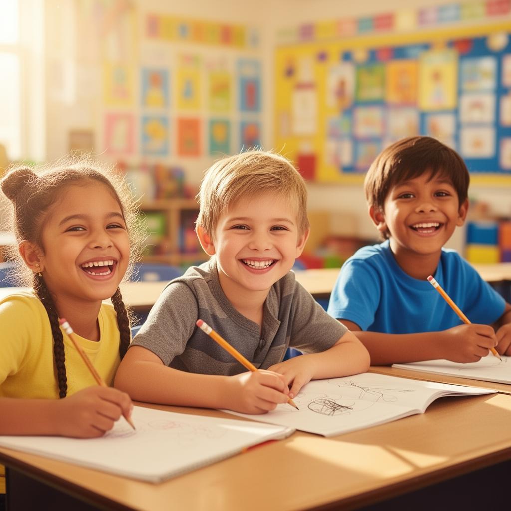 Crianças felizes na escola desenhando